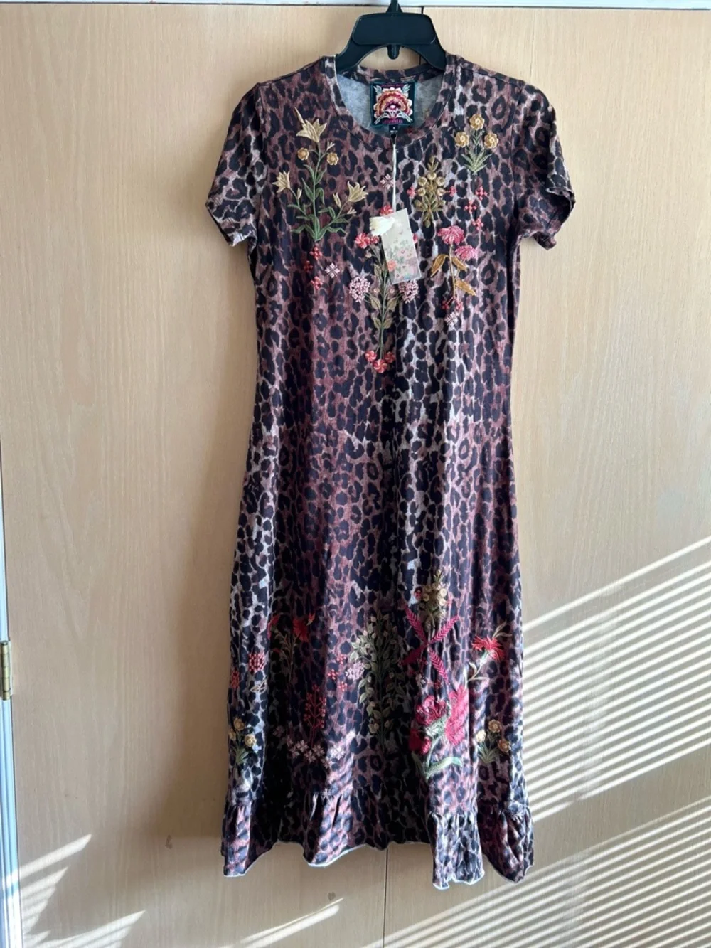 Johnny Was Brown Leopard Midi Dress with Pink & Green Floral Details - Picture 2 of 5